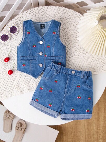 1 set Chaleco vaquero con bordado de cerezas y shorts vaqueros con bordado de cerezas para niña bebé - Conjunto informal de 2 piezas de uso diario, de estilo sencillo y versátil