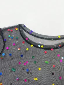 Breezaya Top bohémien de vacances pour femmes grandes tailles avec col rond, manches courtes, mesh noir transparent, paillettes colorées et brillantes pour le festival de musique western