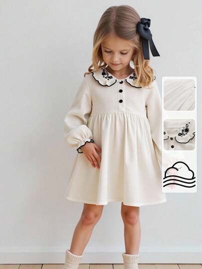 Playful Pals Young Girl Embroidered Collar Long Sleeve Casual Everyday Dress, Versatile For Outings Or Comfortable Indoor Wear Fall Winter