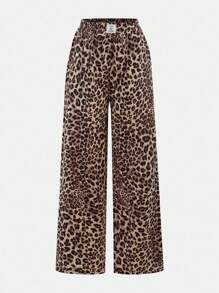 SHEIN 2 Pairs Tween Girls Bottoms Black And Leopard Print Wide Leg Pants, With Branded Label Decor - Black - View 7
