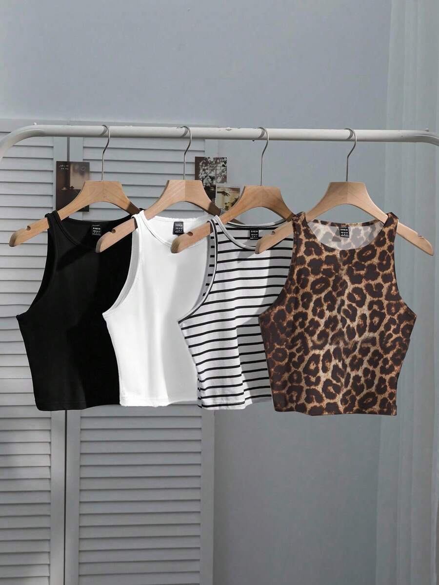 SHEIN EZwear Bộ 4 áo ba lỗ nữ thường ngày, họa tiết kẻ sọc và da báo, áo ôm vừa vặn đa năng, thích hợp mặc ở sân bay, trở lại trường, áo mùa hè - Nhiều màu - Xem 1