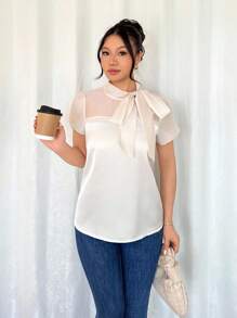 Islaluna Áo sơ mi nữ có nơ và trang trí ngọc trai, tay bồng, xuân/hè - Màu be - Xem 4