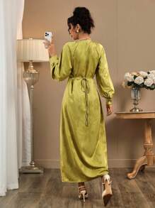 INAWLY Damen elegantes Jacquard-Kleid mit Knopfdesign - Grün - Übersicht 2