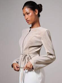 COSMINA Áo khoác lửng thắt lưng da lộn thời trang thu thường ngày cho nữ - Màu Khaki - Xem 4