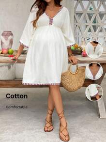 SHEIN 1件纯色刺绣领孕妇连衣裙，长袖白色女式连衣裙，女士短款连衣裙，夏季工作连衣裙，波西米亚风孕妇连衣裙，女士孕妇连衣裙，夏季孕妇连衣裙，白色波西米亚风连衣裙，孕妇度假连衣裙，刺绣孕妇连衣裙 - 白色 - 查看 6