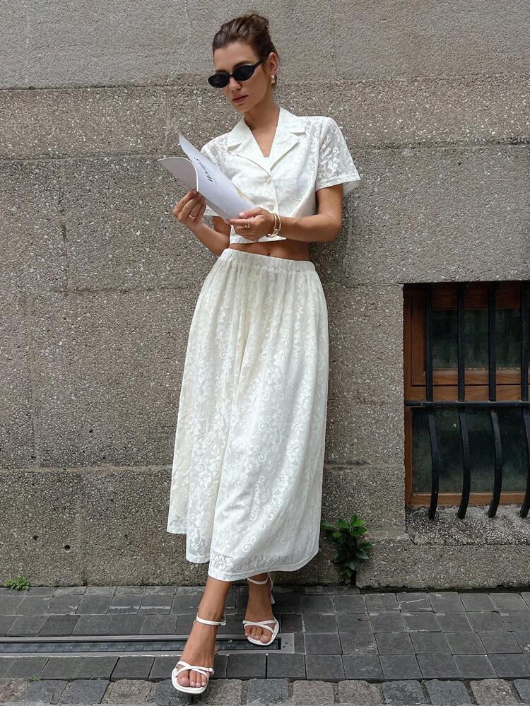 Women's Regular Collar Shirt + Pleated Lace Skirt 2 Pieces Set