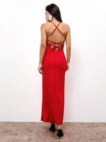 Maija Red Lace-Up Design Knitted Fitted A-Line Dress For Women, Suitable For Spring/Summer Festivals - Red - View 3
