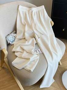 SHEIN LUNE 女士休闲纯色纹理面料抽绳腰部宽松阔腿裤 - 杏色 - 查看 1
