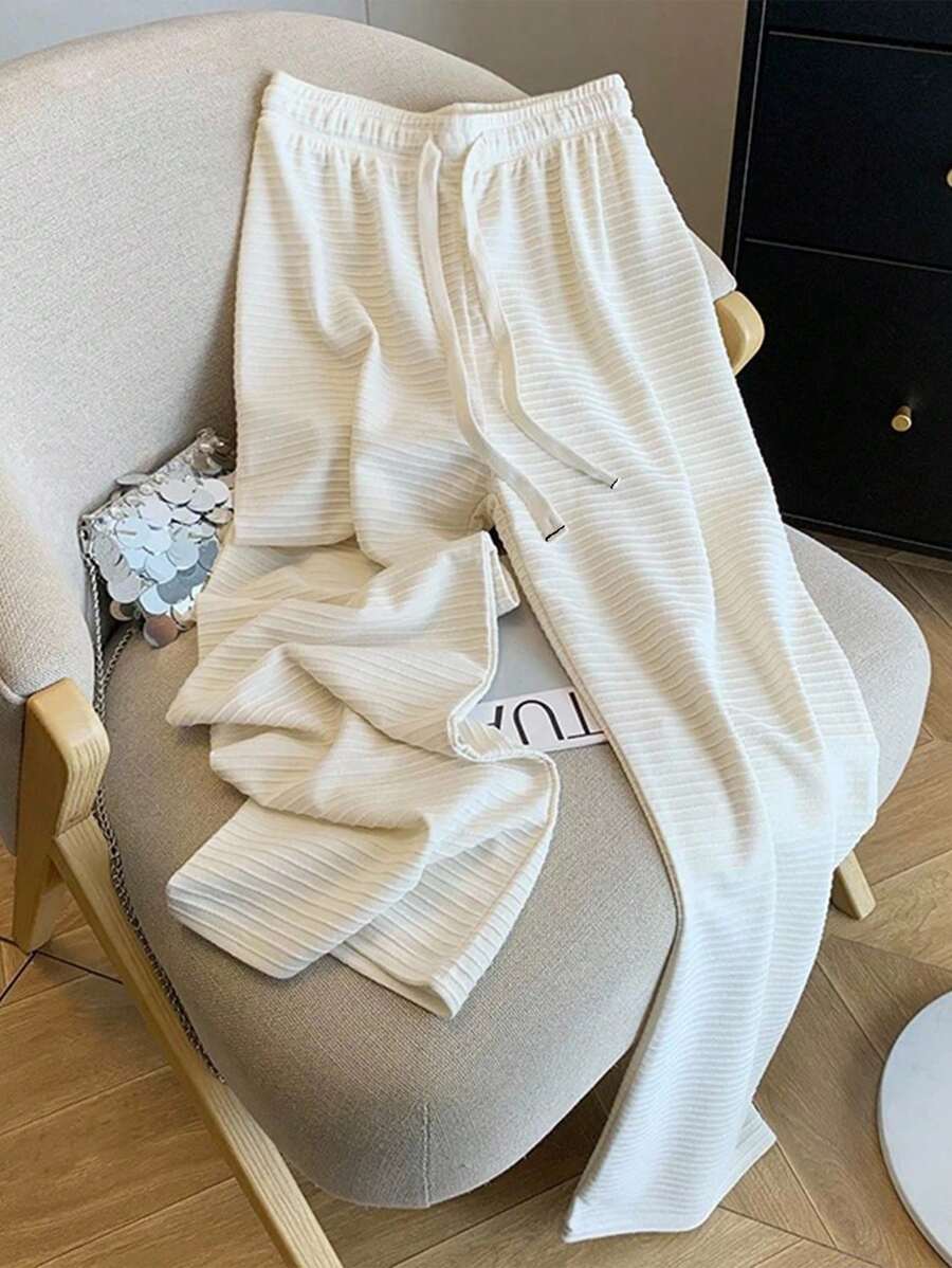 SHEIN LUNE 女士休闲纯色纹理面料抽绳腰部宽松阔腿裤 - 杏色 - 查看 1
