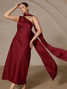 Aveloria Rosie Plus Size Sleeveless Midi Dress With Asymmetrical Asymmetric Hem, High Waist, Wrapped Satin Scarf, Party Dress - Burgundy - View 1