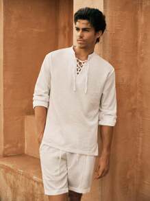 Mainfolk 2pcs Set Men Casual Woven Tie Hem Long Sleeve Shirt & Shorts Solid Color Outfit - White - View 4