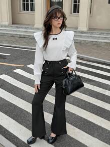 SHEIN Conjunto de blusa con lazo y mangas cortas + pantalones de pierna ancha en estilo dulce para niña