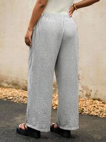 Elaquor 秋季大码女式条纹百搭百搭直筒金属纽扣西装裤 - 杏色 - 查看 2