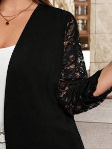 SHEIN Clasi 大码女式优雅前开褶饰长袖蕾丝拼接黑色休闲薄款夹克