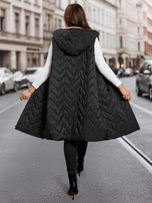 SHEIN Clasi 女士加大码棉质羽绒背心，优雅长款无袖羽绒背心，带口袋，保暖连帽棉质羽绒背心，适合秋冬季节穿着。 - 黑色 - 查看 4