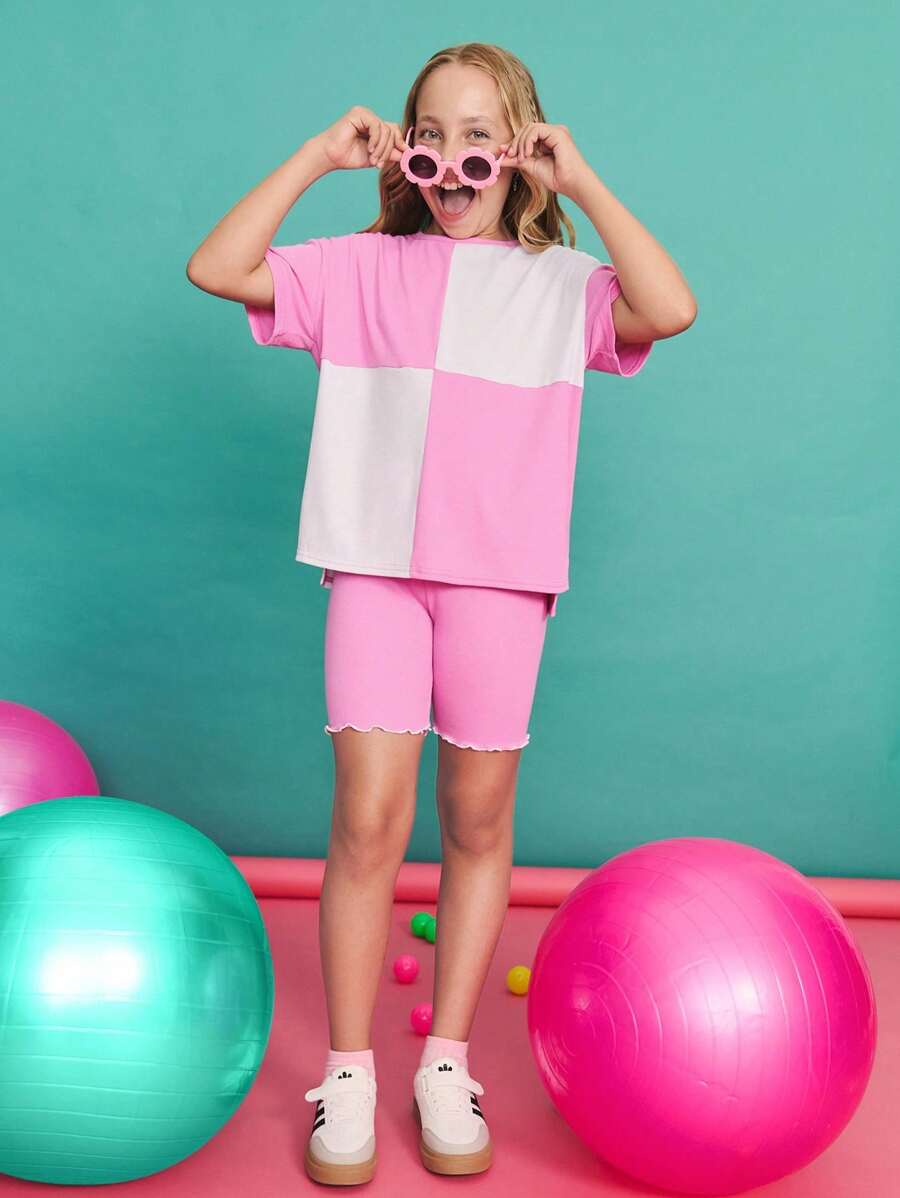 SHEIN Tween Girls' Casual Simple Comfortable Colorblock Round Neck Short Sleeve T-Shirt And Shorts Set ,Back To School Season, Christmas - Hot Pink - View 1