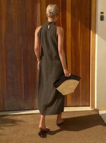 Livesso 女式纯色宽松 V 领挂脖休闲节日连衣裙，夏季 - 棕色 - 查看 2