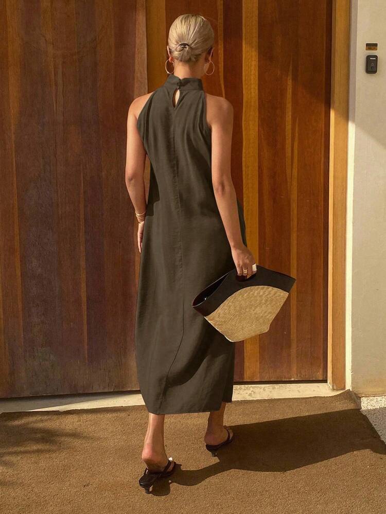 Women Plain Loose V-Neck Halterneck Casual Holiday Dress, Summer