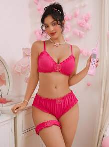 SHEIN 3 pièces/Set Lingerie sexy avec soutien-gorge sans fil, shorts et porte-jarretelle pour une jambe - Rose vif - Voir 3
