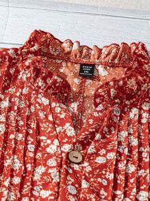 SHEIN CURVE+ 大码女式碎花泡泡袖休闲衬衫 - 紅色 - 查看 5