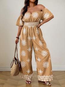 SHEIN LUNE Bộ đồ liền thân tay ngắn hở vai in họa tiết cỡ lớn có dây rút ở eo, mặc ngoài trời thường ngày - Nhiều màu - Xem 8