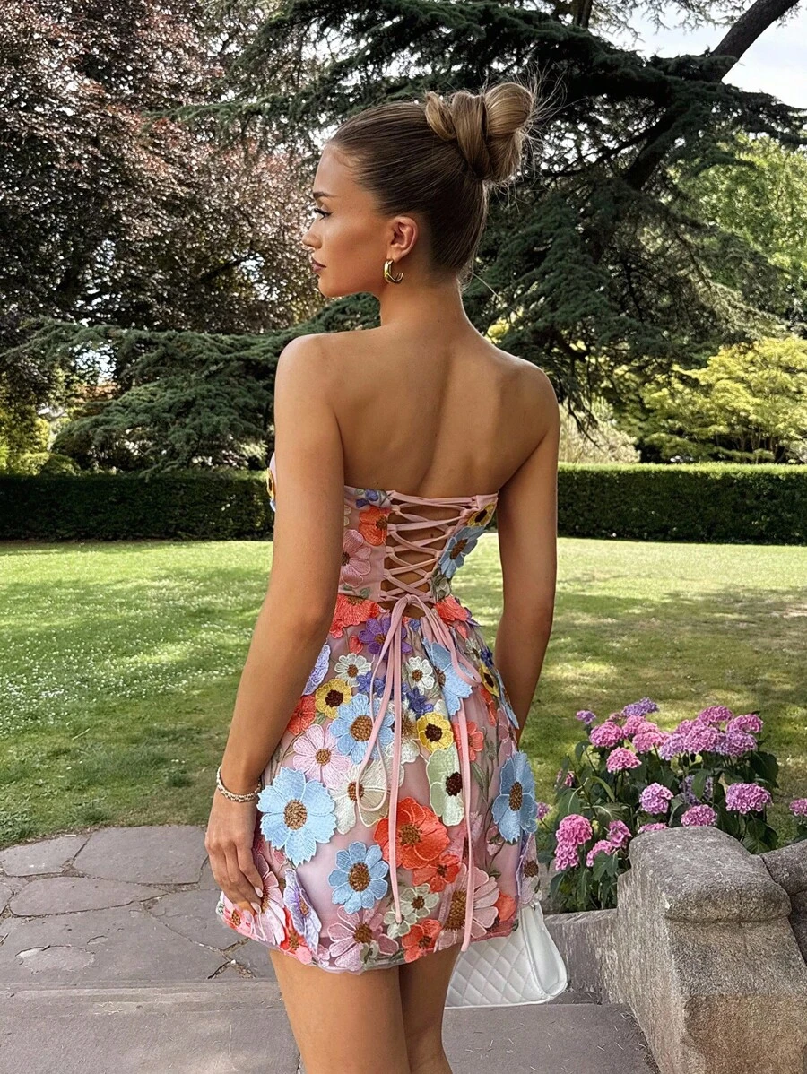 Glamine 女士 3D 刺绣花卉连衣裙露背系带连衣裙露肩迷你连衣裙复古宴会连衣裙 - 藕粉色 - 查看 1