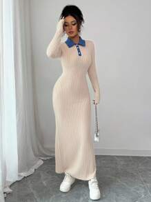 SHEIN Unity Long-Sleeved, Slimming Autumn/Winter Long Dress With Contrasting Color Stripes And Collars Fall Cloth For Women - Apricot - View 6