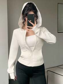 DAZY Women Padded Coat With Hood, Contrasting Sleeves, Fitted Waist, Elegant Urban Casual Outerwear Jacket - White - View 1