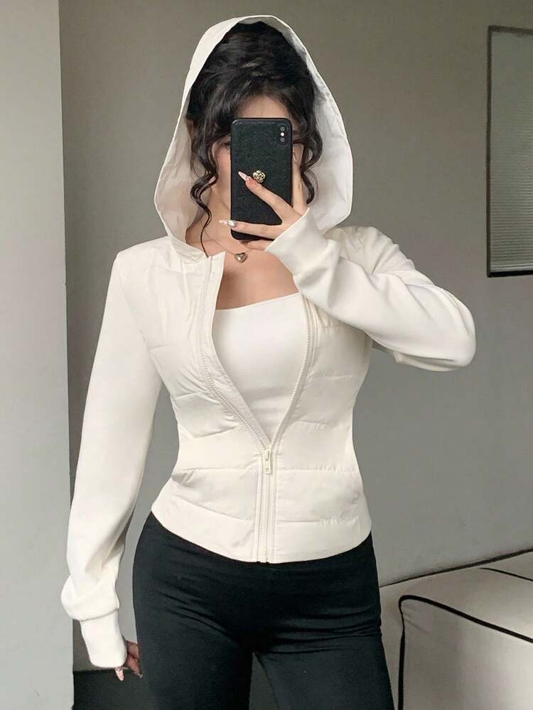 Women Padded Coat With Hood, Contrasting Sleeves, Fitted Waist, Elegant Urban Casual Outerwear Jacket