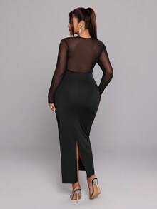 SHEIN LUNE Damen Große Größen Langarm Rundhals Mesh Applikation Sexy figurbetontes Partykleid