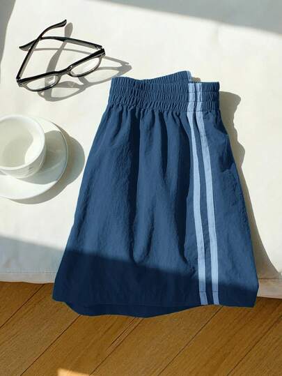 Comfortcana 大码撞色条纹松紧腰宽松休闲运动短裤