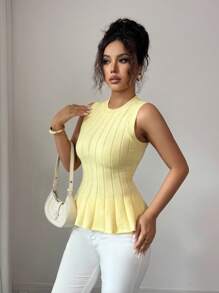 Elenzga 女式优雅无袖圆领荷叶边下摆针织上衣，淡黄色，适合春、夏、秋季节、度假和节日针织套头衫秋冬 - Butter Yellow - 查看 5