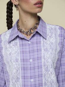 COUREZ 男女通用短袖格子衬衫，带蕾丝细节 / Y2K 度假装扮 女装 夏季外出装扮 可爱