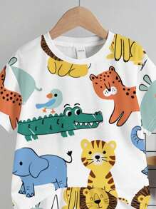 SHEIN 2pcs/Set Young Boy Casual Cartoon Tiger Print Round Neck Short Sleeve Shorts Set, Summer - Multicolor - View 5