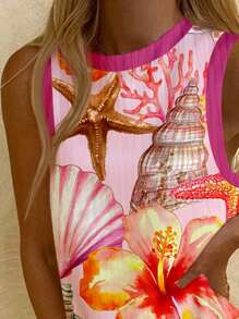 SHEIN EZwear 女士拼色装饰海星和海龟印花休闲海滩度假圆领无袖迷你连衣裙，适合夏季 - 彩色 - 查看 3