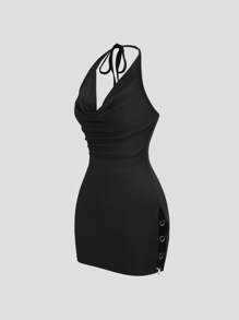 EgrlEra 女式夏季垂坠领露背性感迷你连衣裙，带金属圆形装饰