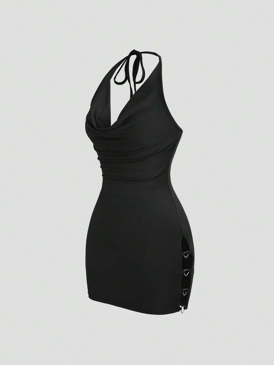 EgrlEra 女式夏季垂坠领露背性感迷你连衣裙，带金属圆形装饰