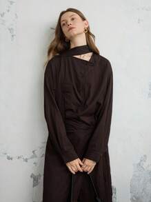 Dazy-Less Conjunto de 2 piezas para mujer: Vestido camisa y falda de unicolor, estilo de negocios casual, con cordón y cinturón, apropiado para otoño, primavera y verano - Marrón - Ver 7