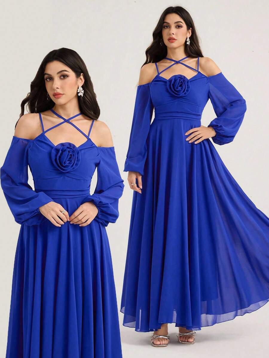 Modelyn Rochie elegantă de lungime medie pentru femei, cu decor floral 3D, albastru regal, rochie de seară formală albastră, rochie albastră cobalt, rochie lungă albastră, rochie formală cu umeri decupați, ținute lungi de vară pentru femei, rochii de seară de lux pentru femei, rochii de seară preppy pentru femei de toamnă, rochii de seară de lux pentru femei