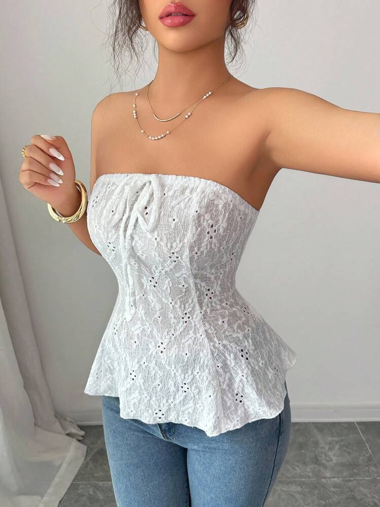 Elenzga New Sweet & Spicy Style White French Bandeau Top With Bowknot, Elastic Jacquard Fabric, Form-Fitting, Cropped Camisole - White - View 6