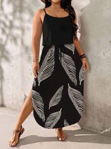 EMERY ROSE Summer Vacation Plus Size Dress With Almond Leaf Print, Suitable For Holiday Boho Suitable For Going Out,Holiday Outfits For Women - Multicolor - View 1