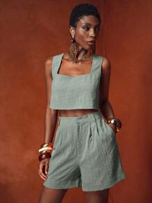 Zivah 2025春夏新款度假休闲优雅母亲节婚礼季音乐节派对夜店无袖方领上衣与纹理纯色短裤两件套-棕色 - 綠色 - 查看 7