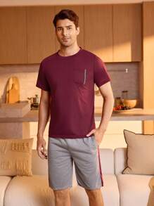 SHEIN Men Pocket Front Tee With Shorts PJ Set / Pajama Set - Multicolor - View 3