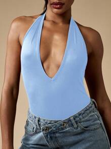 MISSGUIDED V 领露背紧身衣夏季低胸露背无袖修身派对休闲晚会穿着优雅设计 - 藍色 - 查看 7