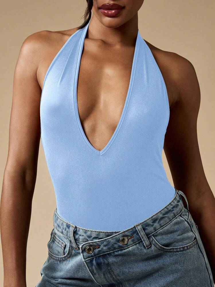 MISSGUIDED V Neck Halter Bodysuit Summer Plunge Neckline Backless Sleeveless Form Fitting Party Casual Evening Occasion Wear Elegant Design