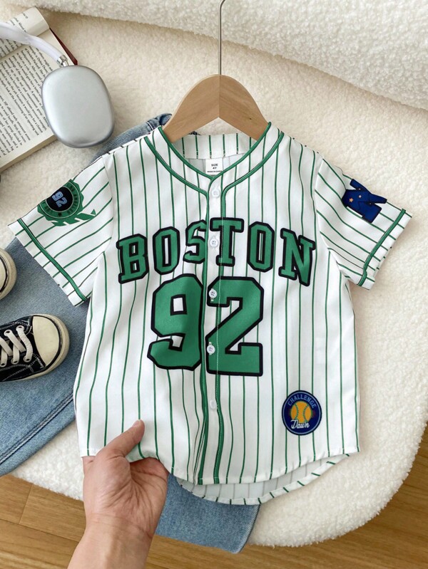 SHEIN Young Boys Casual Sports Street Style Letter Color Block Striped English Print Open Front Short Sleeve Shirt, Suitable For Commuting, School, Daily Casual, Holiday, Sports, Festivals, Spring/Summer/Autumn/Winter Boy Baseball Shirt Toddler Baseball Shirt Boys Baseball Jersey Kids Baseball Shirt Youth Baseball Jersey