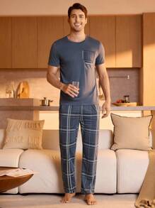 Manfinity Underwear&Sleepwear Basics Men Plaid Print PJ Set / Pajama Set - Blue and White - View 3