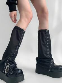 ROMWE Grunge Punk Adjustable Gothic Metallic Multi-Strap Leg Warmers, Punk Y2K Fashion Versatile Accessory Suitable For Vacation, Party, Outing, And Photoshoot, Halloween - Black - View 1