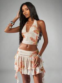 MISSGUIDED Áo crop top cổ yếm đính sequin họa tiết hoa câu lạc bộ khiêu vũ tiệc tối bèo nhún kỳ nghỉ hè bãi biển ngày lễ - Màu be - Xem 5