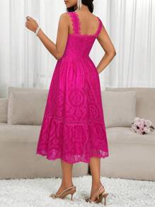 SHEIN Lady 2025 New Floral Lace Ruffle Hem Elegant Maxi Slip Dress For Women Fuchsia Dress Rose Lace Dress - Hot Pink - View 2
